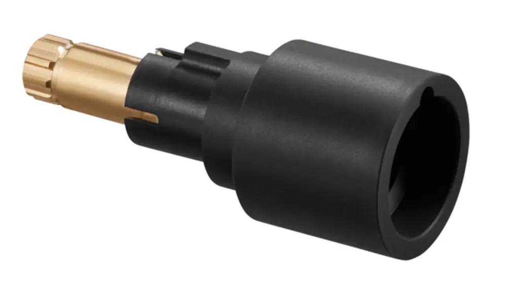 Oventrop Spindelverlängerung aus schwarzem Kunststoff mit einem goldenen Metallteil, geeignet für Hydrauliksysteme, ohne spezifische Maße abgebildet.